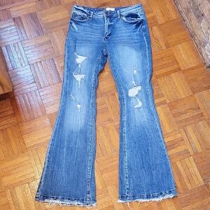 Petra 53 Distressed Bell Bottom Flare Jeans Raw Hem Medium Wash Size 29